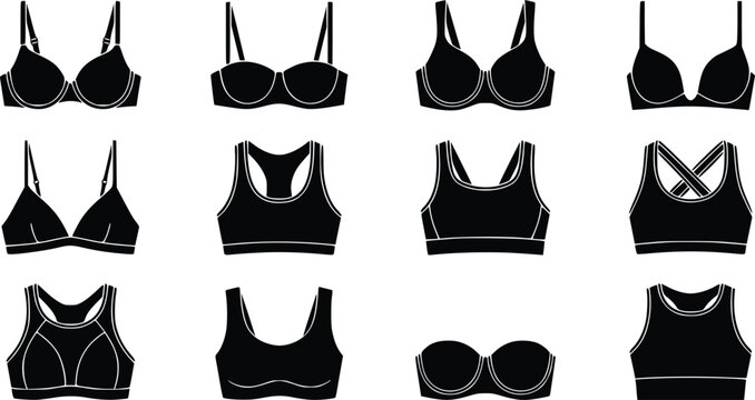 Women bra and sports top silhouette icon set with various lingerie styles underwear brassiere and activewear fashion technical flat sketches