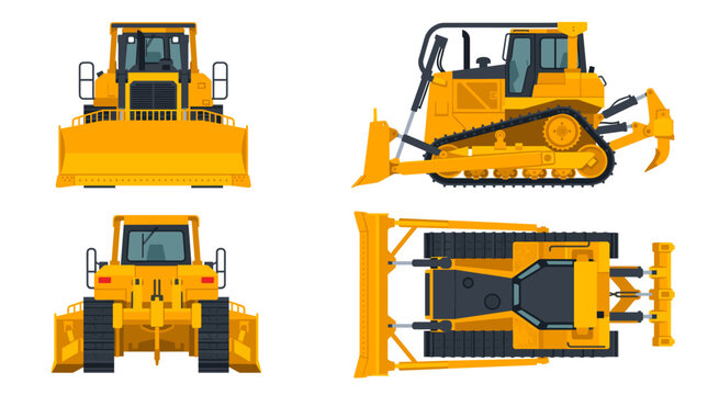 Crawler Dozer with front side back and top views construction equipment vector illustration