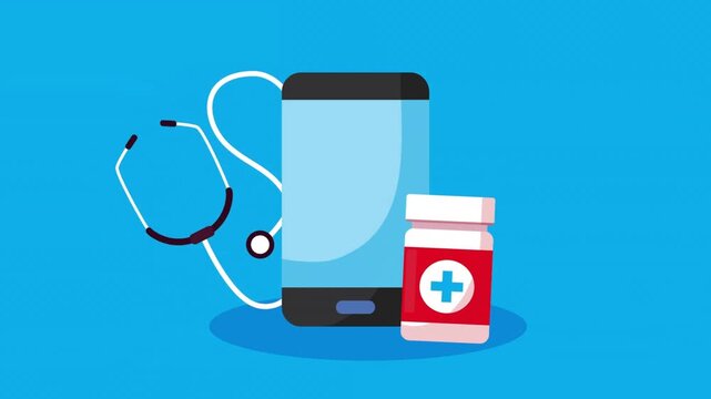 Flat vector animation of a smartphone with a stethoscope and medicine bottle