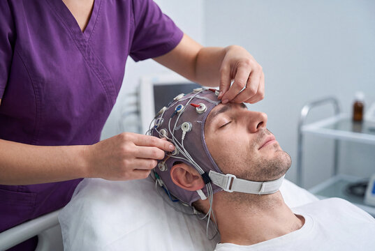 A medical assistant attaching electrodes of an EEG cap on a male patient lying on a couch in a clinic.
