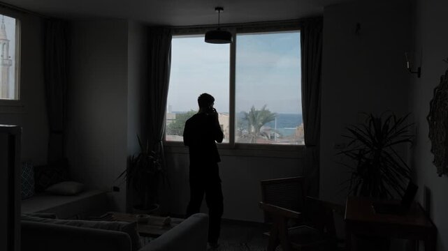 Troubled man talking on the phone and gesturing during a difficult conversation at home, dark silhouette against a bright seaside view with ocean, mountains and palm trees in a tense personal moment
