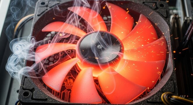 Overheated and smoking computer cooling fan with glowing red plastic blades emitting thick white smoke and bright orange sparks inside a dark PC case, captured in a dramatic close-up shot for