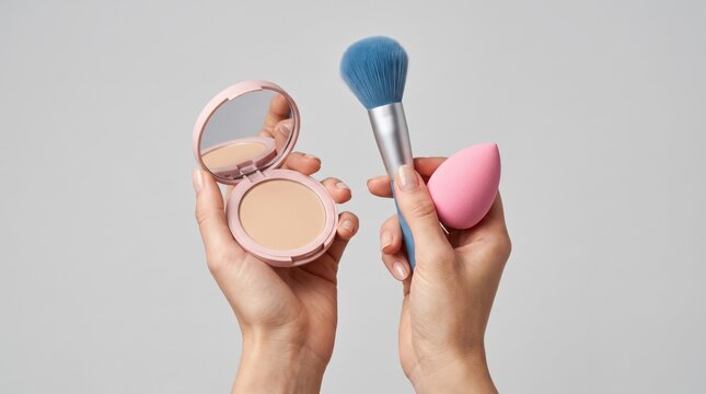 A woman holds a compact powder case with a blue makeup brush and a pink sponge. Cosmetic set. Beauty preparation.