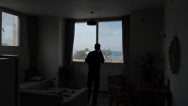 Overwhelmed man arguing on the phone while walking through a dark living room, dramatic silhouette framed by a sunny window overlooking the sea, mountains and palm trees in slow motion