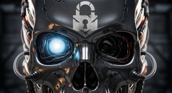 Futuristic and menacing cybernetic robotic skull with a white stenciled padlock security icon on the forehead, featuring a glowing blue bionic eye and intricate metallic plating, staring forward in a