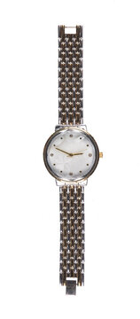 Vintage wristwatch with a strap, isolated on a white background.