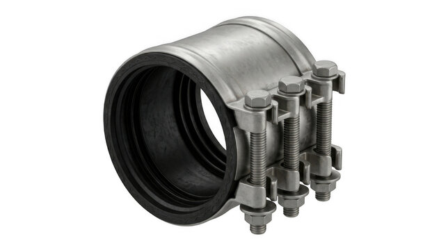 A metal pipe clamp with bolts and nuts on transparent background