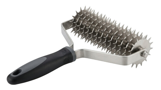 A meat tenderizer tool with a handle and metal spikes on transparent background