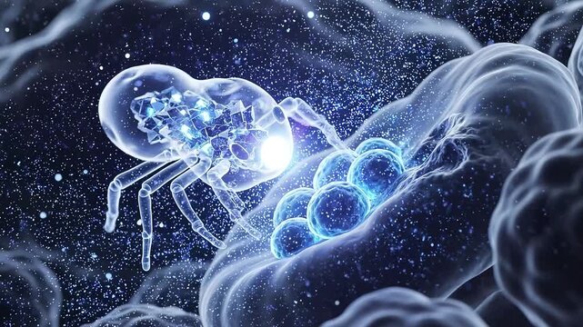 Nanorobot interacting with glowing microscopic biological cell in bloodstream