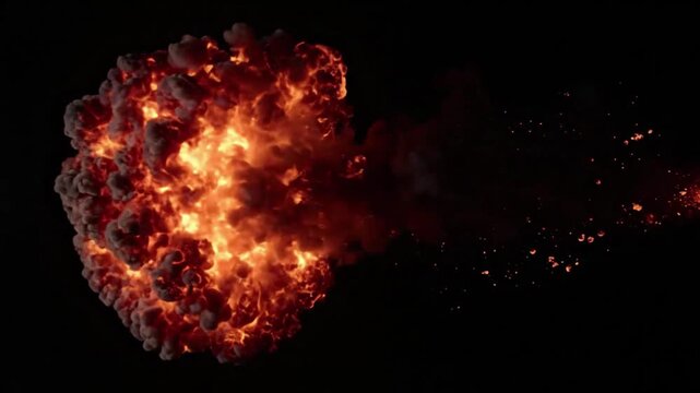 Intense fireball explosion and blast of flame moving horizontally isolated on a black background