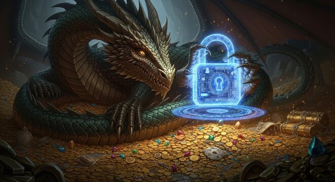 Majestic and powerful green scaled fantasy dragon with glowing golden eyes guarding a massive treasure hoard of gold coins while protecting a glowing neon blue holographic digital padlock, styled in