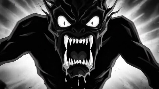 Stylized Illustration of Large Glowing Animal Eyes Peering from Dark Swirling Smoke, Spooky and Mysterious Black and White Background