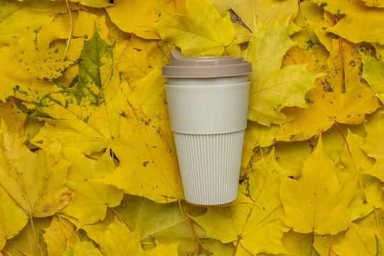 Reusable Coffee Cup Amidst Bright Yellow Autumn Leaves, Emphasizing Eco-Friendly Lifestyle