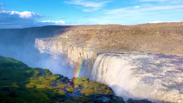 Massive Waterfall with Rainbow in Canyon Landscape in Iceland