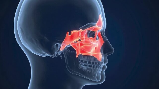 3D Medical Illustration of Paranasal Sinuses in a Human Head Profile, Highlighting Sinus Cavities for Anatomy or Sinusitis Visualization