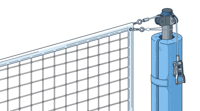 Close-up flat vector illustration of a volleyball net attached to a blue padded pole with a metal tensioning ratchet and pulley system on a white background for sports equipment design.