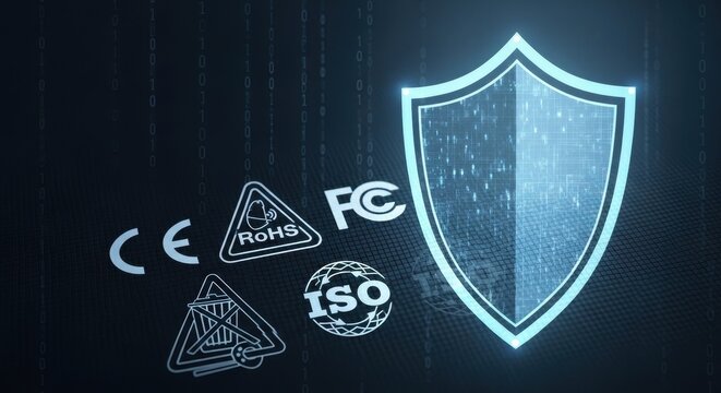 Futuristic glowing holographic digital security shield icon flanked by white compliance certification symbols including CE, FCC, RoHS, WEEE, and ISO, 3D rendered on a dark digital grid surface with