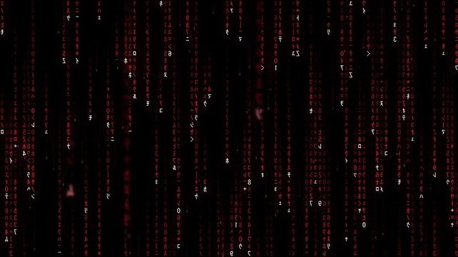 Seamless loop red digital code rain, falling code, cyber on black background, falling glyph streams with depth, 4K