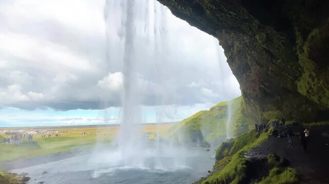 Seljalandsfoss Waterfall with Path Behind Falling Water in Iceland