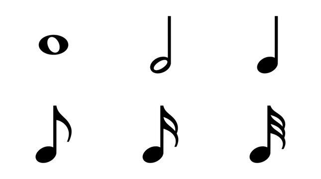Black music note icon vector set, simple musical pitch notation collection