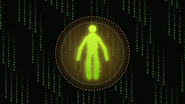 Digital human avatar glowing brightly inside cyberspace ring surrounded by matrix binary code streaming motion video footage