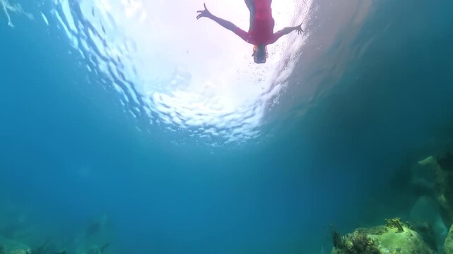 Underwater view of woman swimming in Bellefontaine beach of North Martinique, French Antilles in caribbean of France