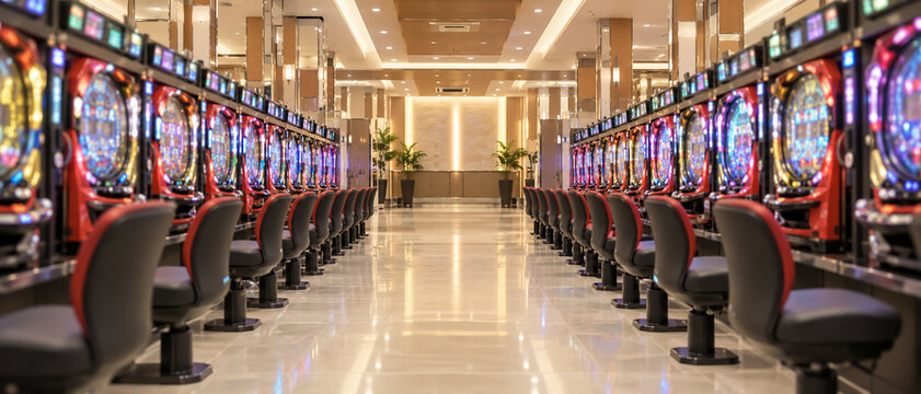 カラフルな遊技台が並ぶパチンコホールの店内