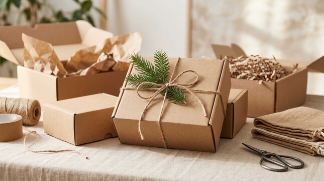 Assortment of beautifully wrapped gifts with natural twine and greenery