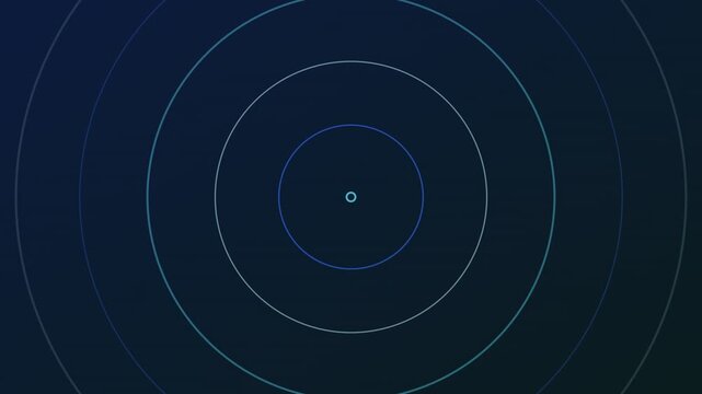 Blue radar circles expanding outward on dark background video loop showing futuristic technology concept animation with glowing geometric shapes and seamless motion graphics design elements