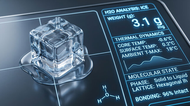 Ice cube melting with digital data analysis displaying H2O molecular state transition, thermal dynamics, and scientific properties for research innovation