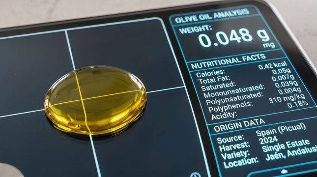 Olive oil drop being digitally analyzed, displaying nutritional facts and origin data for quality control, traceability, and food safety standards