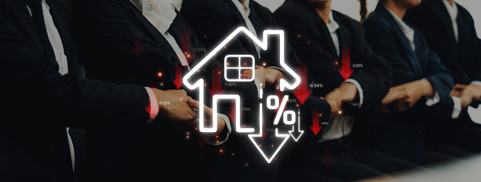 Professional Team Discussing Real Estate Market Trends with House Icon and Percentage Symbols Representing Decreasing Home Prices Sigmoid
