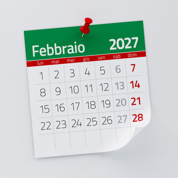 February 2027 Calendar Page with Red Push Pin Showing Date
