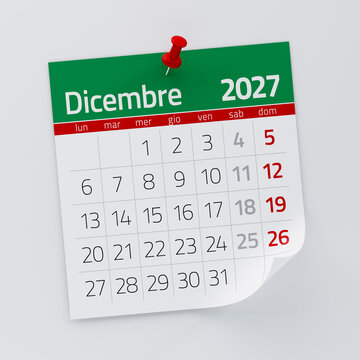 December 2027 Calendar Page with Red Push Pin Showing Date