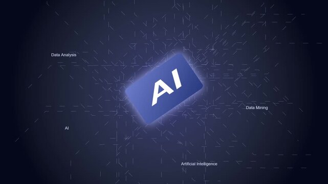 Artificial intelligence glowing blue card symbol floating dynamically inside digital cyber data network motion graphics clip
