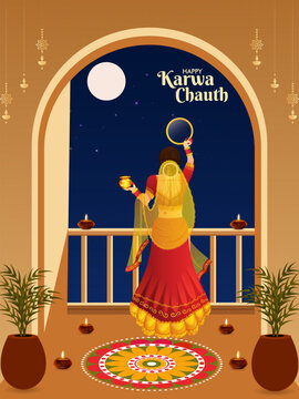 Karwa Chauth Indian festival celebration Poster, Banner or greeting card design with Karwa mata Vector Illustration.
