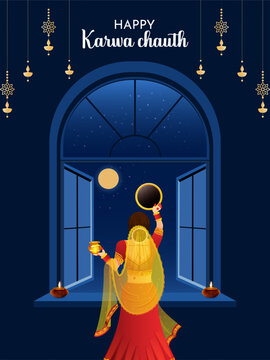 Karwa Chauth Indian festival celebration Poster, Banner or greeting card design with Karwa mata Vector Illustration.