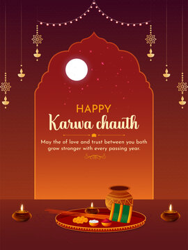 Karwa Chauth Married women Indian festival celebration Poster, Banner or greeting card design Vector Illustration.