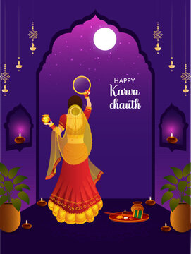 Karwa Chauth Indian festival celebration Poster, Banner or greeting card design with Karwa mata Vector Illustration.