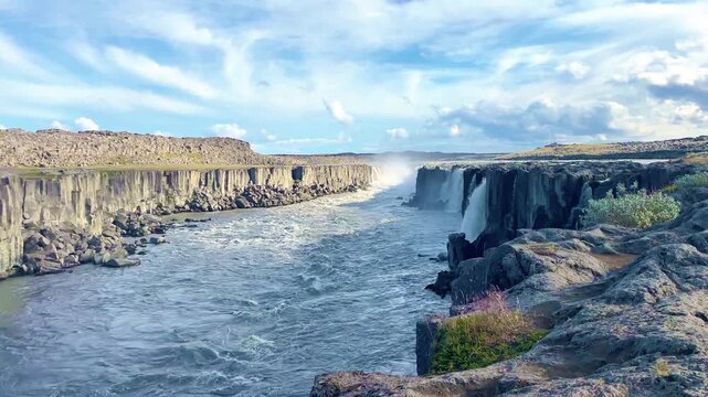 Selfoss Waterfall and Volcanic Canyon River Landscape in Iceland