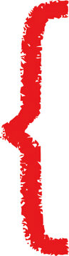 Red hand-drawn curly bracket or brace symbol with a rough, textured, crayon-like appearance, isolated on a clean white background for isolated on a transparent background