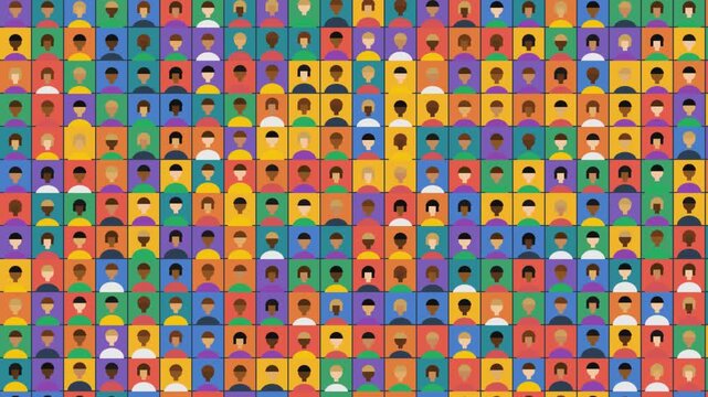 Colorful animated grid pattern showing diverse vector avatars representing global digital connection video background loop