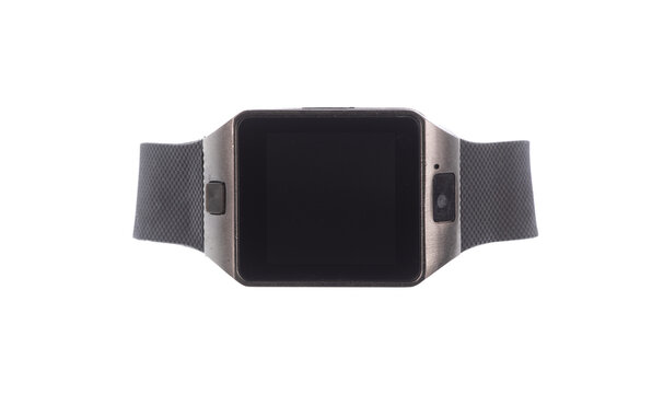 Vintage electronic wristwatch with a strap, isolated on a white background.