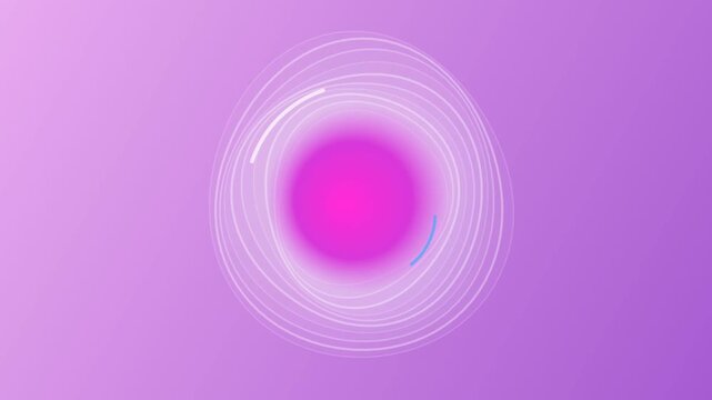 Bright pink glowing circle surrounded by spinning white vector lines in smooth minimalist motion graphics animation clip