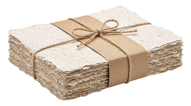 Paper stack made of handmade recycled material is secured with a simple brown paper band and twine.