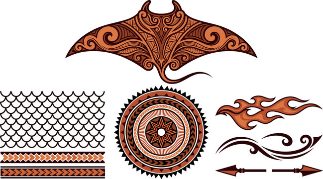 Polynesian Tribal Tattoo Pattern Vector Element Set with Stingray Totem, Orange Maori Sun Circle, and Fish Scale Ornaments for Cultural Graphic Designs