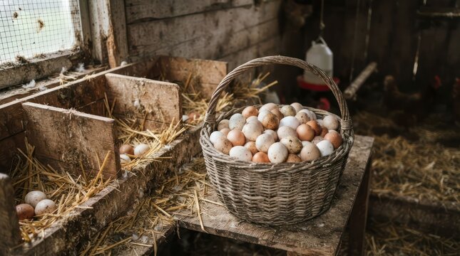 Freshly Gathered Eggs in a Rustic Farm Basket.