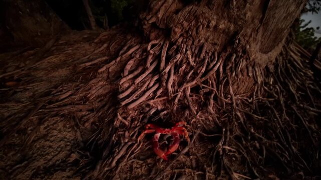 Vibrant red Touloulou crab, geocarcinus species, emerging from burrows and scurrying across dark sand of Plage des Salines beach in Martinique island of France, illuminated by ambient light at night