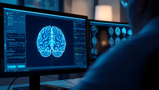 Computer monitor displays glowing brain scan beside medical diagnostic screens inside laboratory. Focused researcher observes clinical neuroimaging data during detailed neurology research.
