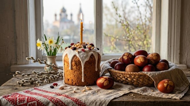 Easter cake with burning candle sits beside basket of painted eggs, showcasing traditional orthodox holiday preparation near rustic window, reflecting spring celebration, religious custom.